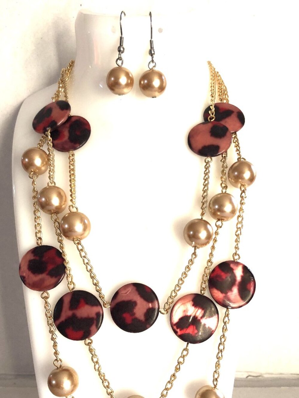 Triple-strand brown disc bead & pearl layered statement necklace & earrings set